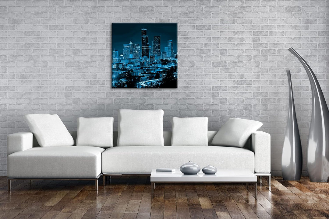 deyoli belebte Skyline von Seattle bei Nacht Format: 60x60 Effekt: Monocrome Blau als Leinwandbild,