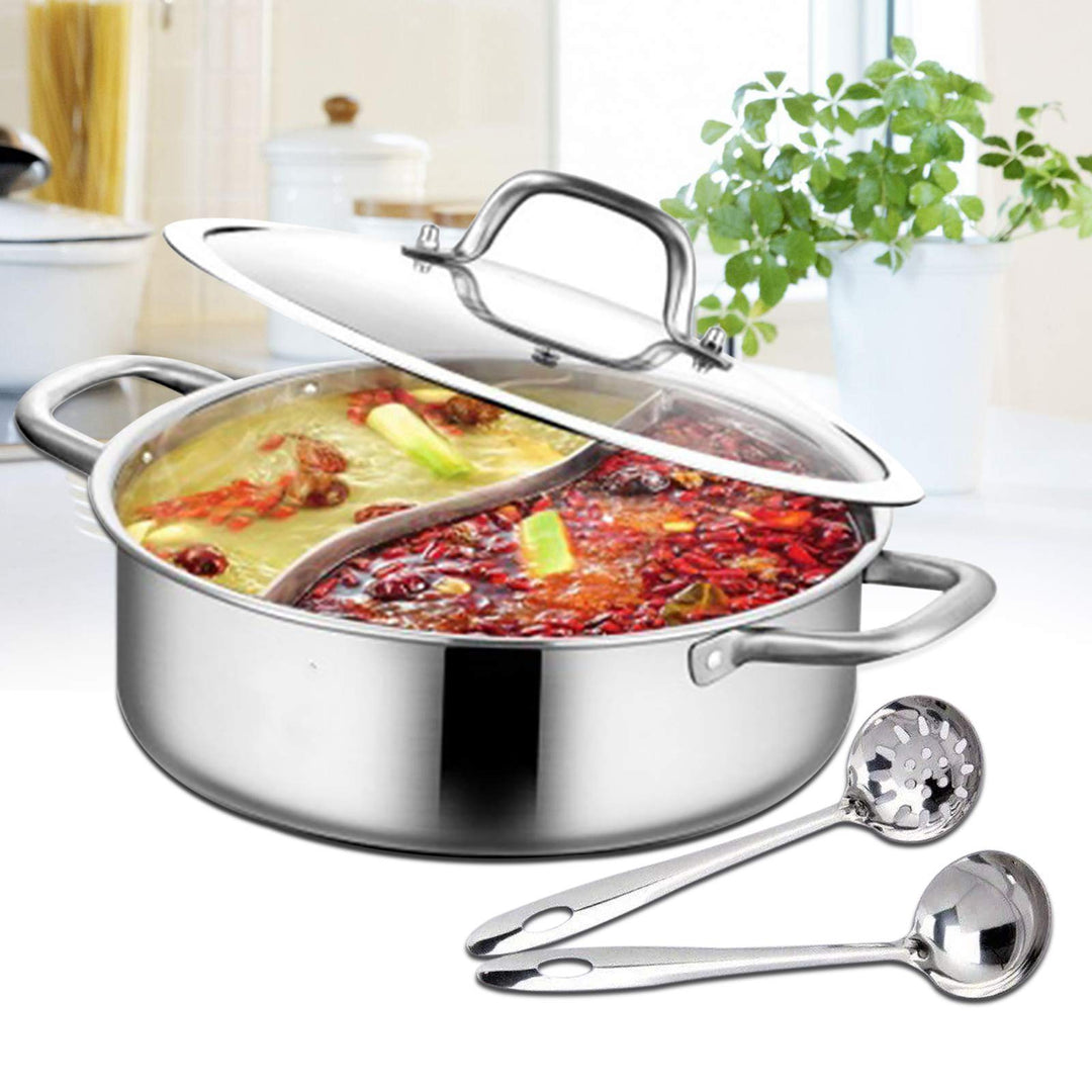 Hot Pot Shabu Topf mit doppelseitiger Trennwand, Edelstahl Suppentopf Kochgeschirr mit Löffel Küche