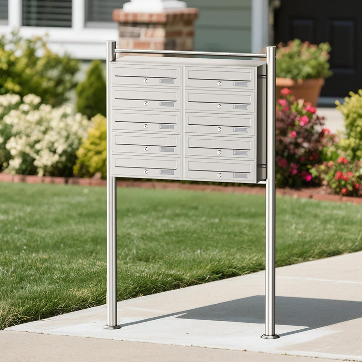 Wiltec 10er Briefkastenanlage Edelstahl 945 x 270 x 1500 mm, Standbriefkasten mit 2x5 Fächern, Schlü