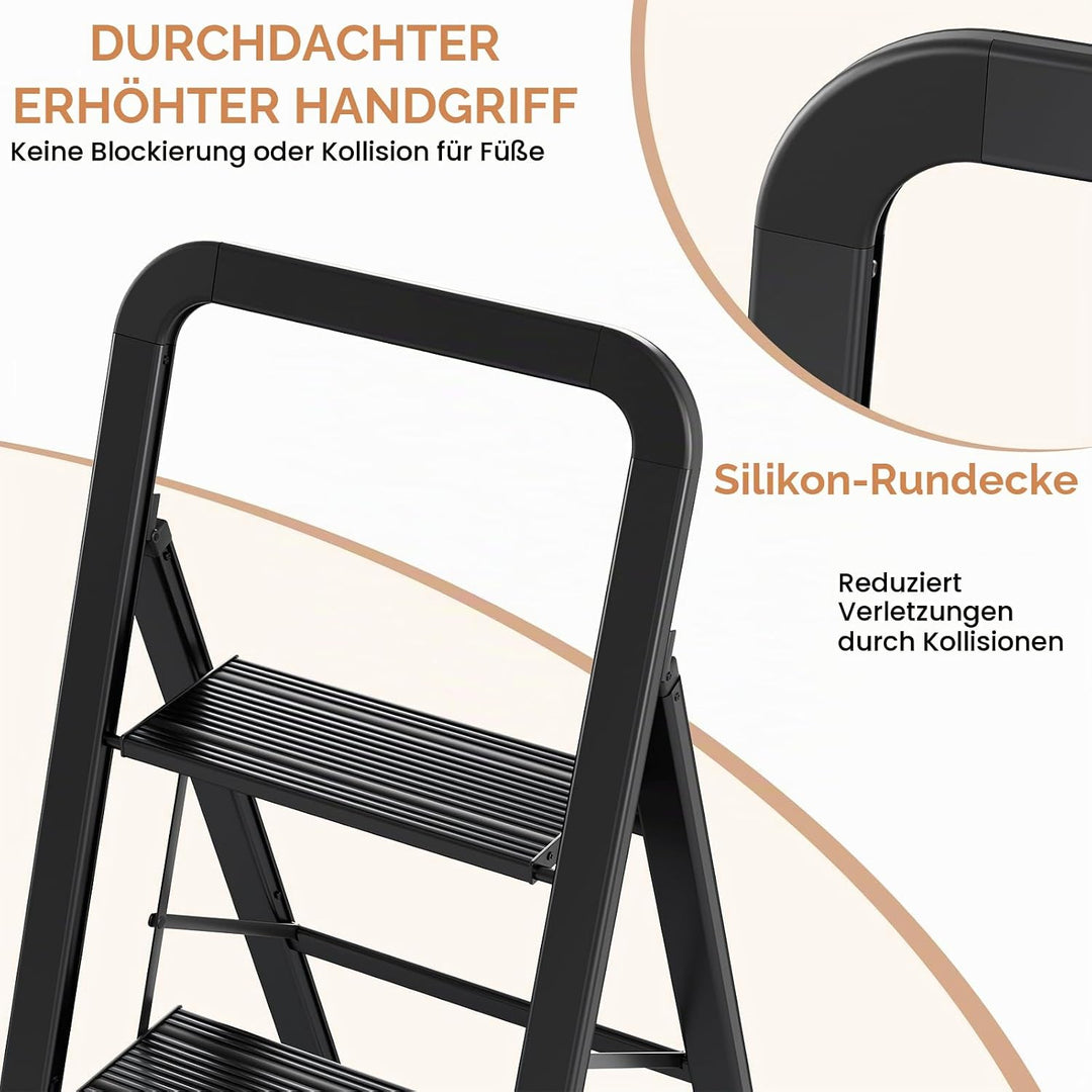 TLGREEN Alu Trittleiter mit Handlauf 3-Stufen-Leiter Klappleiter | Rostfeste rutschfeste Leicht | St