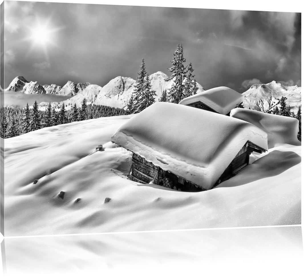 Pixxprint Berghütten Alpen / 100x70cm Leinwandbild bespannt auf Holzrahmen/Wandbild Kunstdruck Dekor