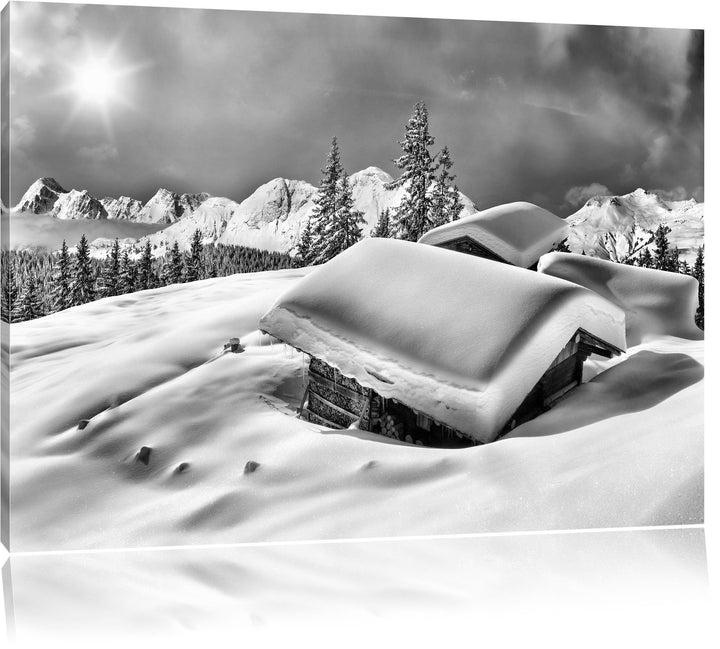 Pixxprint Berghütten Alpen / 100x70cm Leinwandbild bespannt auf Holzrahmen/Wandbild Kunstdruck Dekor