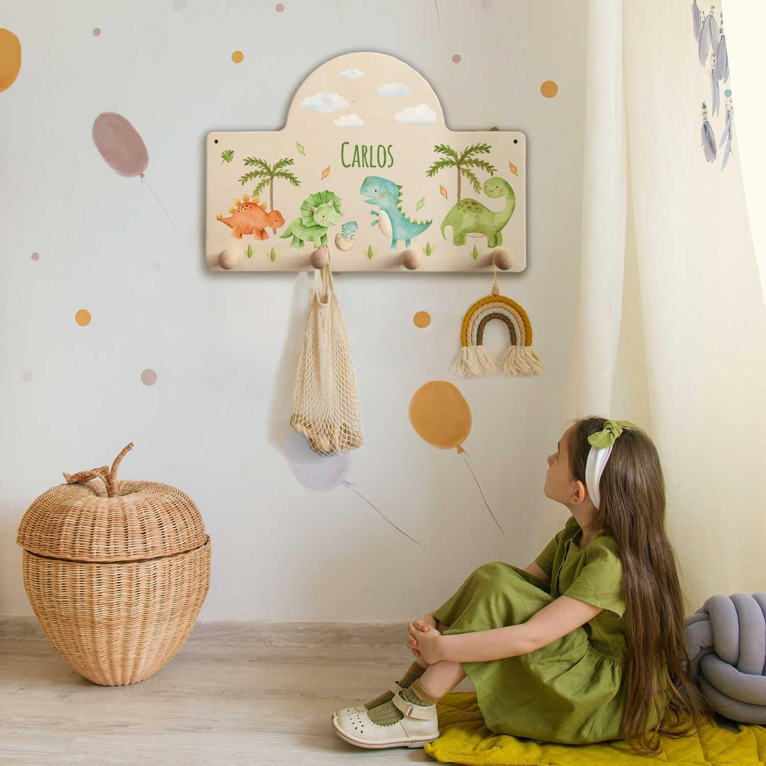 GRAVURZEILE Personalisierte Kindergarderobe - Dino - Personalisiert mit Name - Garderobe aus Holz mi