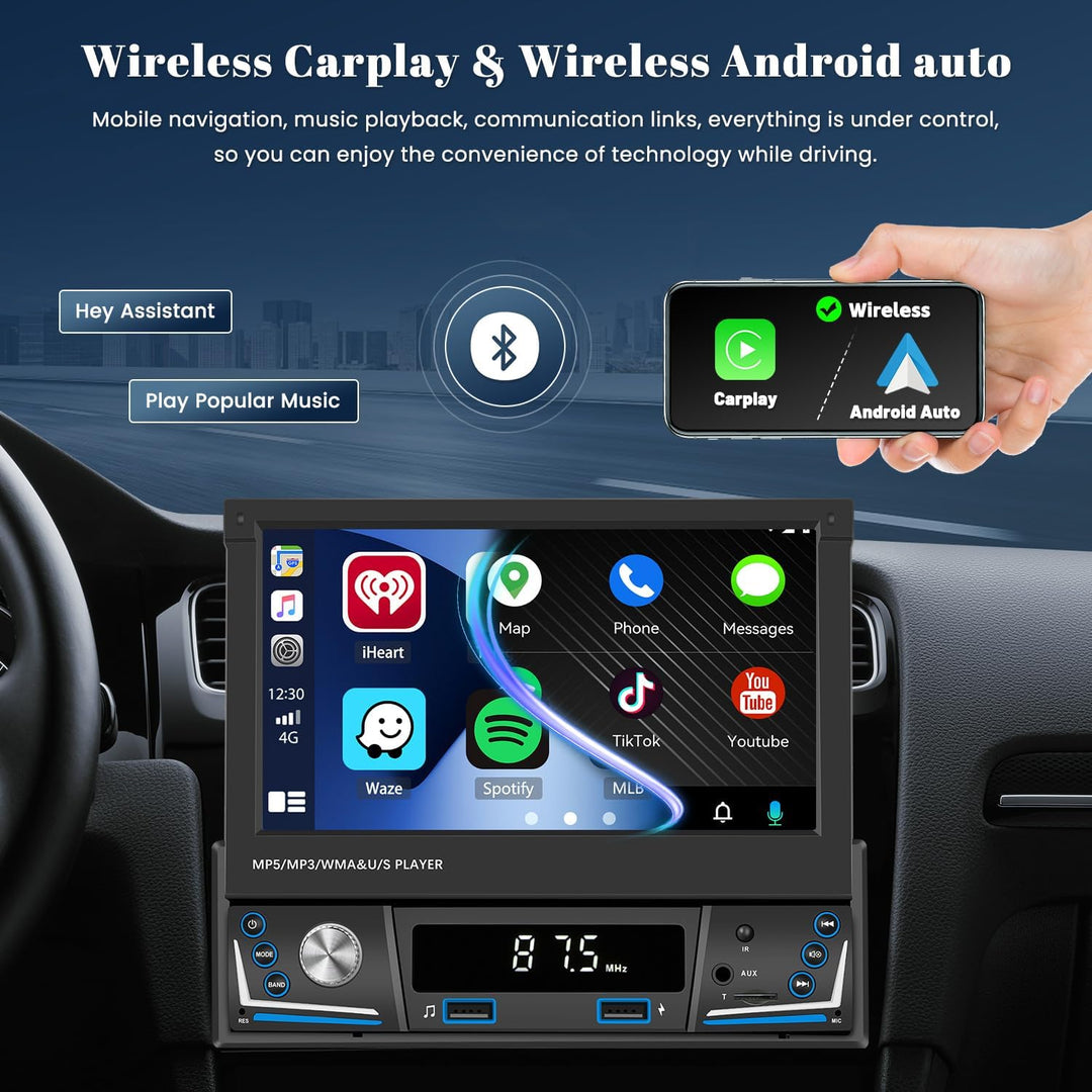 Hikity AM FM Autoradio 1 Din Wireless Carplay Android Auto, Touch Screen 7 Zoll Ausfahrbarem Display