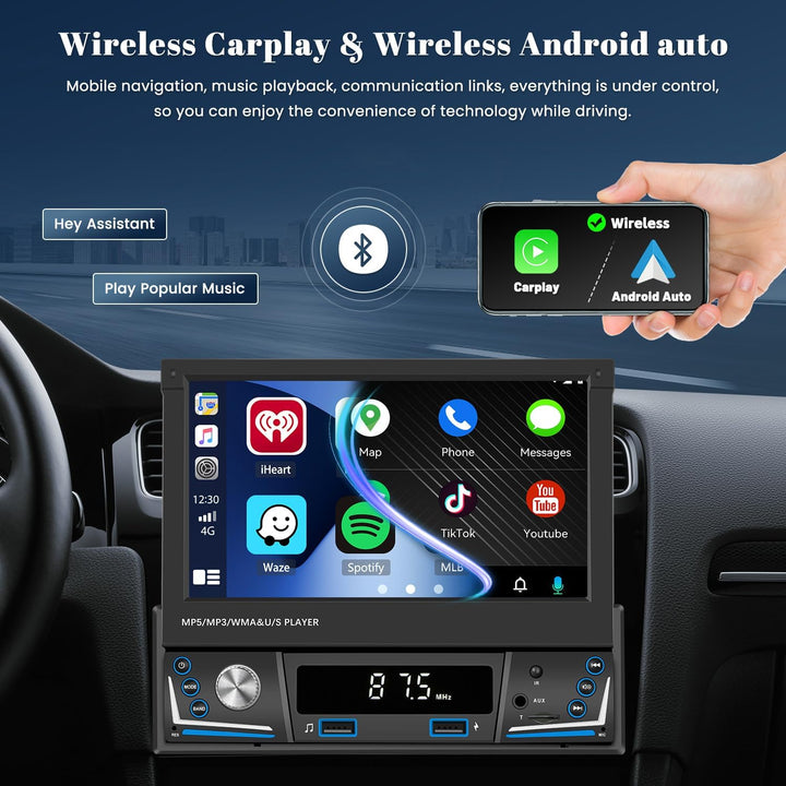 Hikity AM FM Autoradio 1 Din Wireless Carplay Android Auto, Touch Screen 7 Zoll Ausfahrbarem Display
