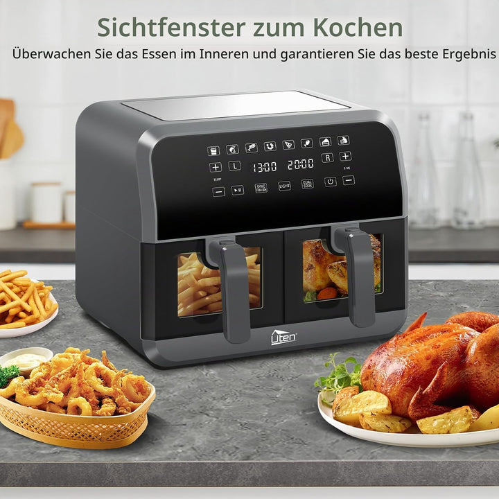 Uten Doppel Heissluftfritteuse, 8L Heissluftfritteuse Dual Zone Sichtbar, XXL Airfryer mit 2 Kammern