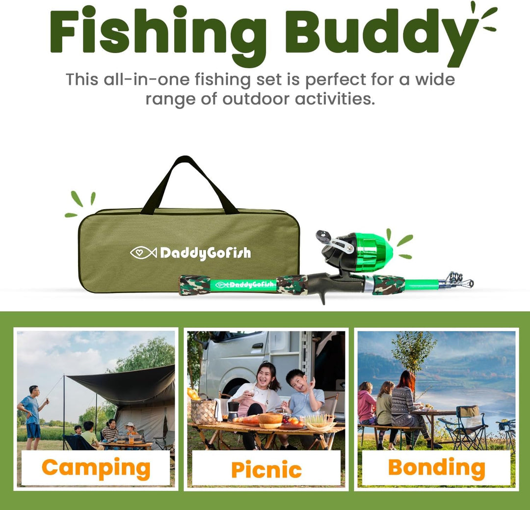 DaddyGoFish Kinder Angelset - Teleskoprute & Rolle Combo mit Klappstuhl, Rutenhalter, Tackle Box, Kö
