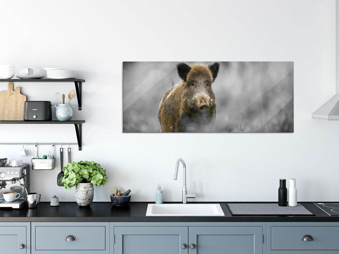 Glasbild Panorama | Wandbild aus Echtglas | einsames Wildschwein im Wald | 120x50 cm | inkl. Aufhäng
