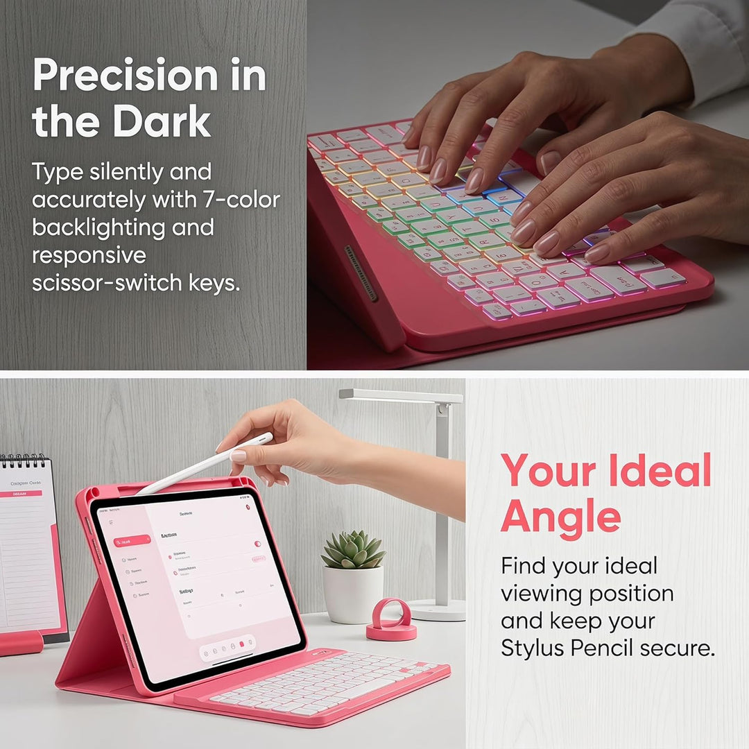 Hülle mit Tastatur für iPad A16 11 Generation 2025/10 Generation 2022, (11/10.9 Zoll) - 7 Beleuchtet