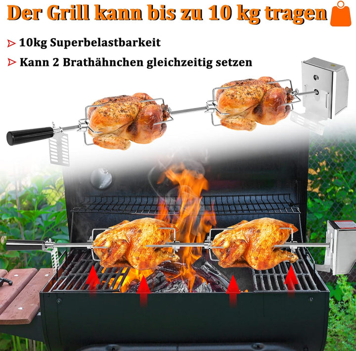 UISEBRT Grillspiess Set 107cm Edelstahl Drehspiess mit Motor, 220V - 240V, inkl. 2X Fleischnadeln El