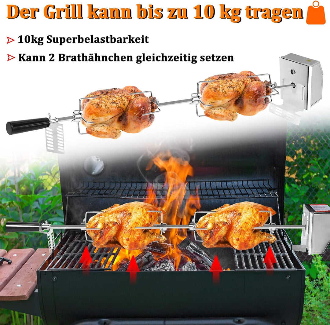 HENGMEI Edelstahl Grillspiess Set 107cm BBQ Fleischklammer mit Motor inkl.4 x Fleischnadeln, 220V -