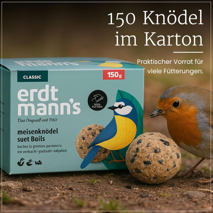 Erdtmanns - 150 Meisenknödel ohne Netz für Wildvögel im Karton I Umweltfreundlich I Vielfältige Zusa