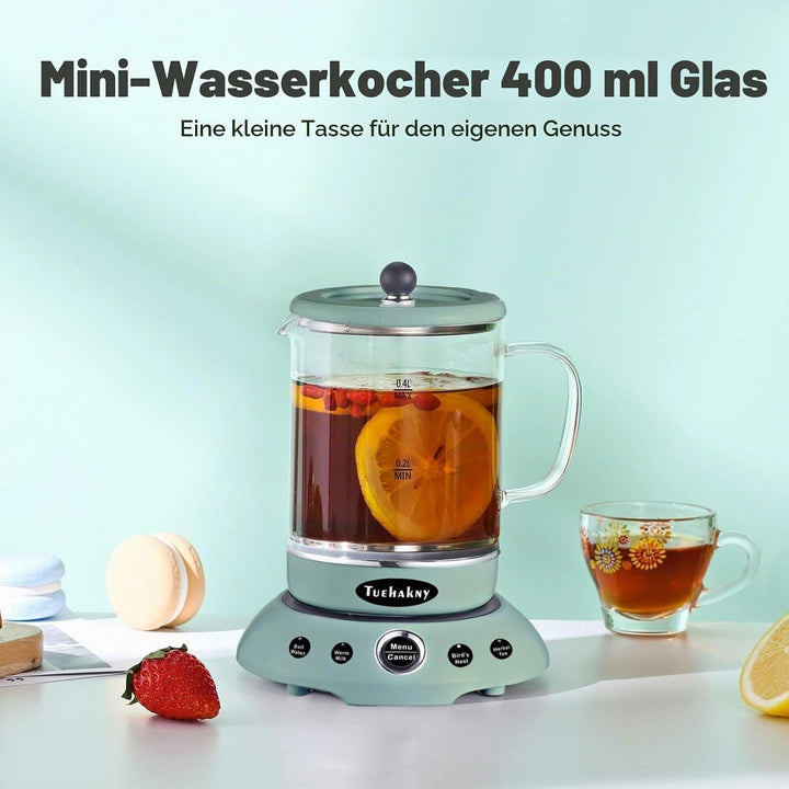 Mini Wasserkocher 400ml Glas - 4-in-1 Multifunktions Tassenwärmer mit abnehmbarer Basis (Heisswasser