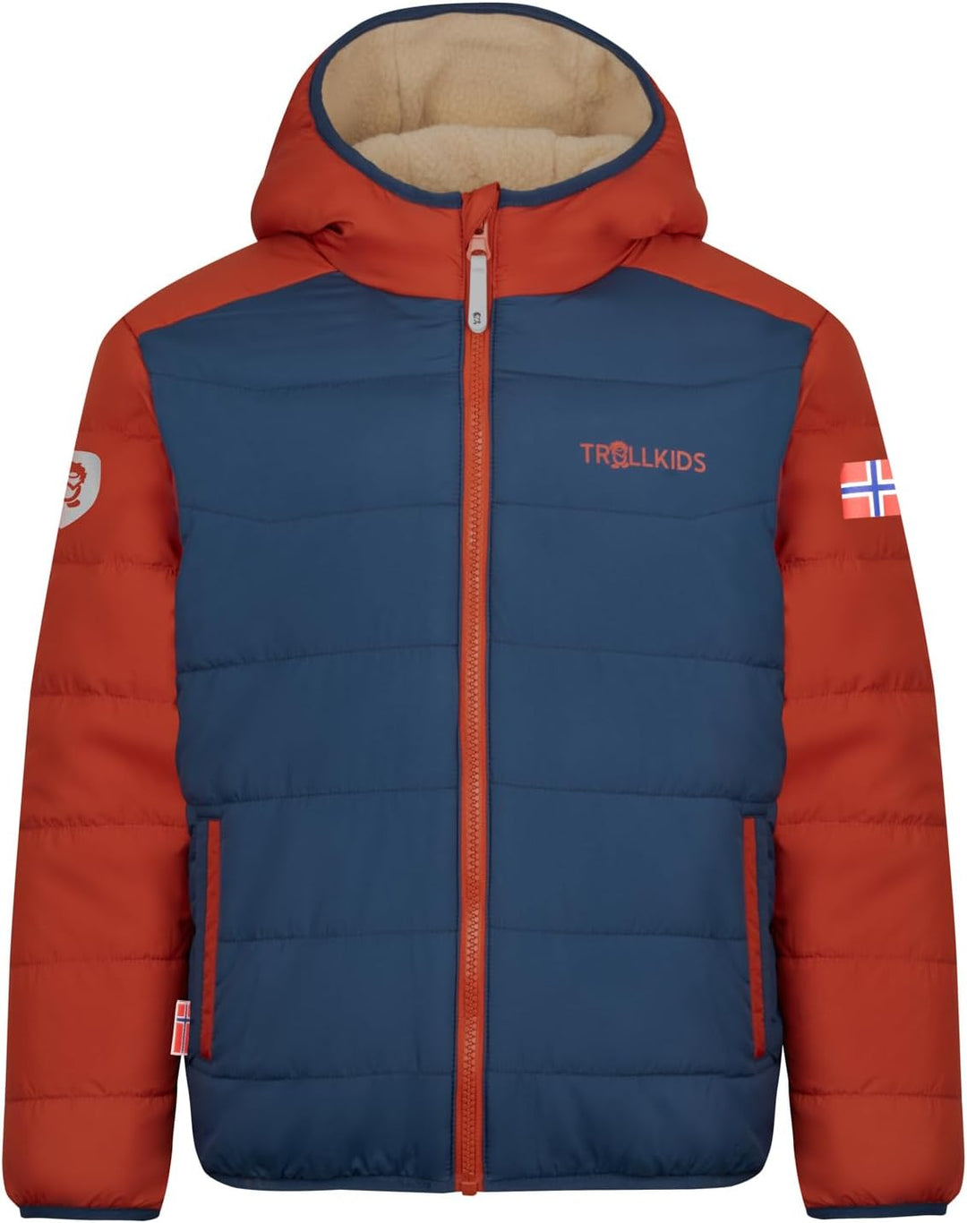 Trollkids winddichte Kinder Jacke mit Reissverschlusstaschen SANDVIKA 92 Wüstensand/Mystik Blau/Rost