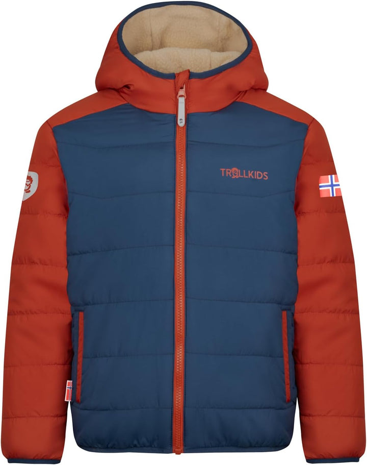 Trollkids winddichte Kinder Jacke mit Reissverschlusstaschen SANDVIKA 92 Wüstensand/Mystik Blau/Rost