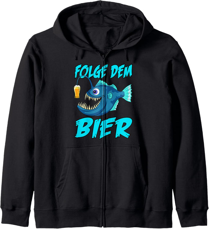Folge dem Bier Tiefsee Fisch Anglerfisch Bierglas Angeltour Kapuzenjacke