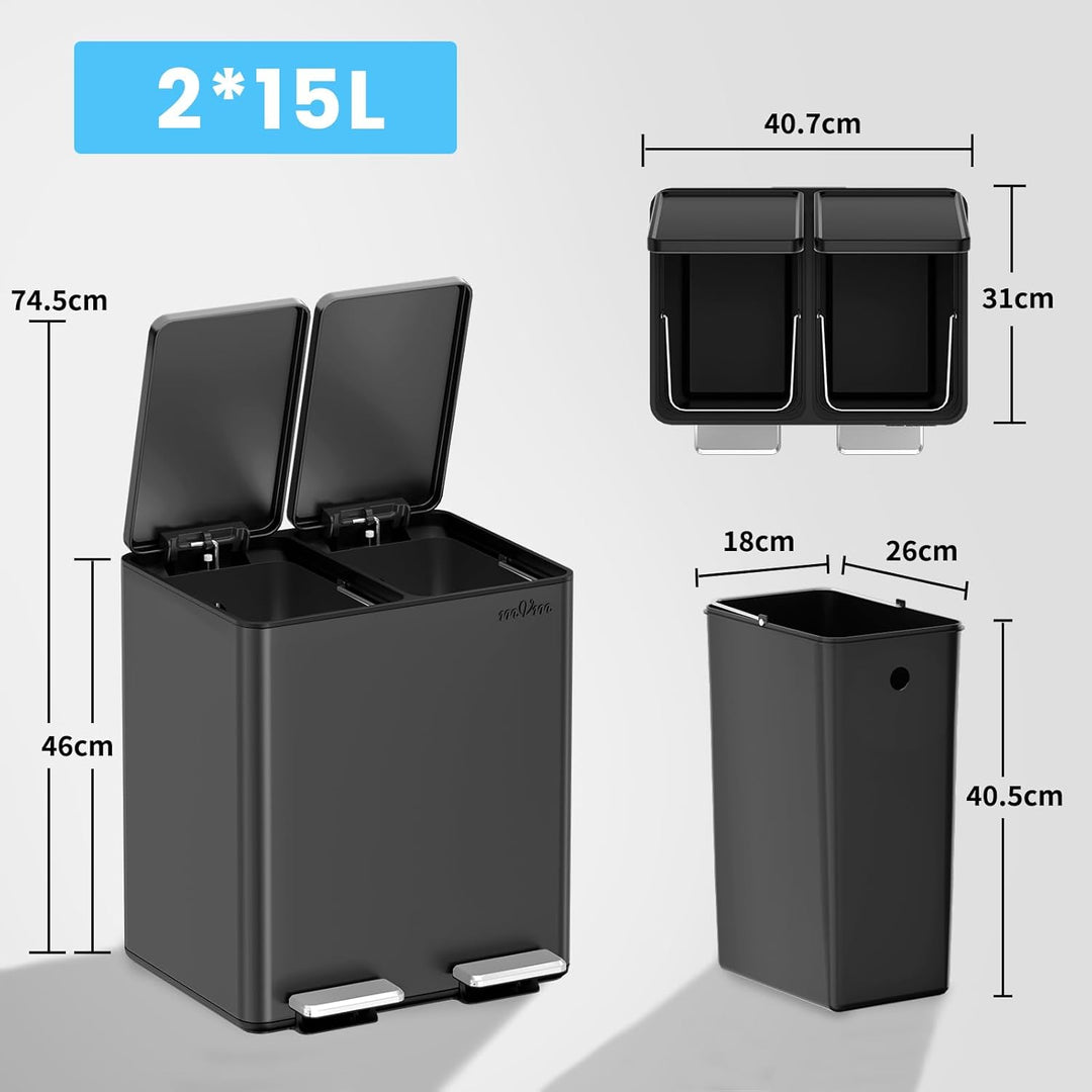 mVm Mülleimer Küche,30 Liter Treteimer,2 x 15 Liter Treteimer, 2 Fächer, Mülltrennsystem, Abfalleime