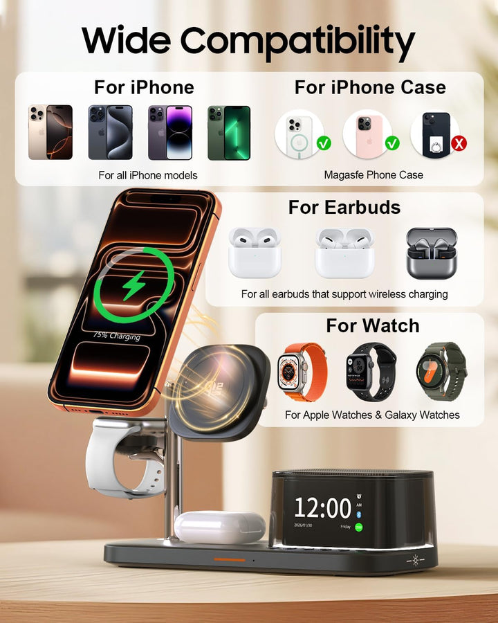7-in-1 kabelloses Ladegerät, Bluetooth-Lautsprecher mit Wecker, 25W Handy-Schnellladung, Stimmungsli