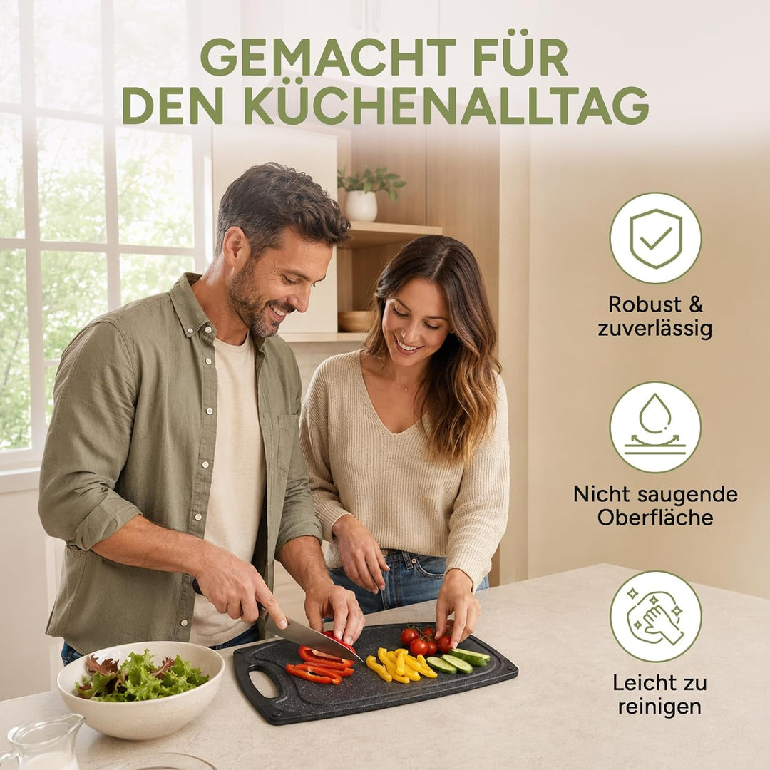 Schneidebrett Set 3-teilig Kunststoff mit Saftrille und Griff Schwarz, Schwarz