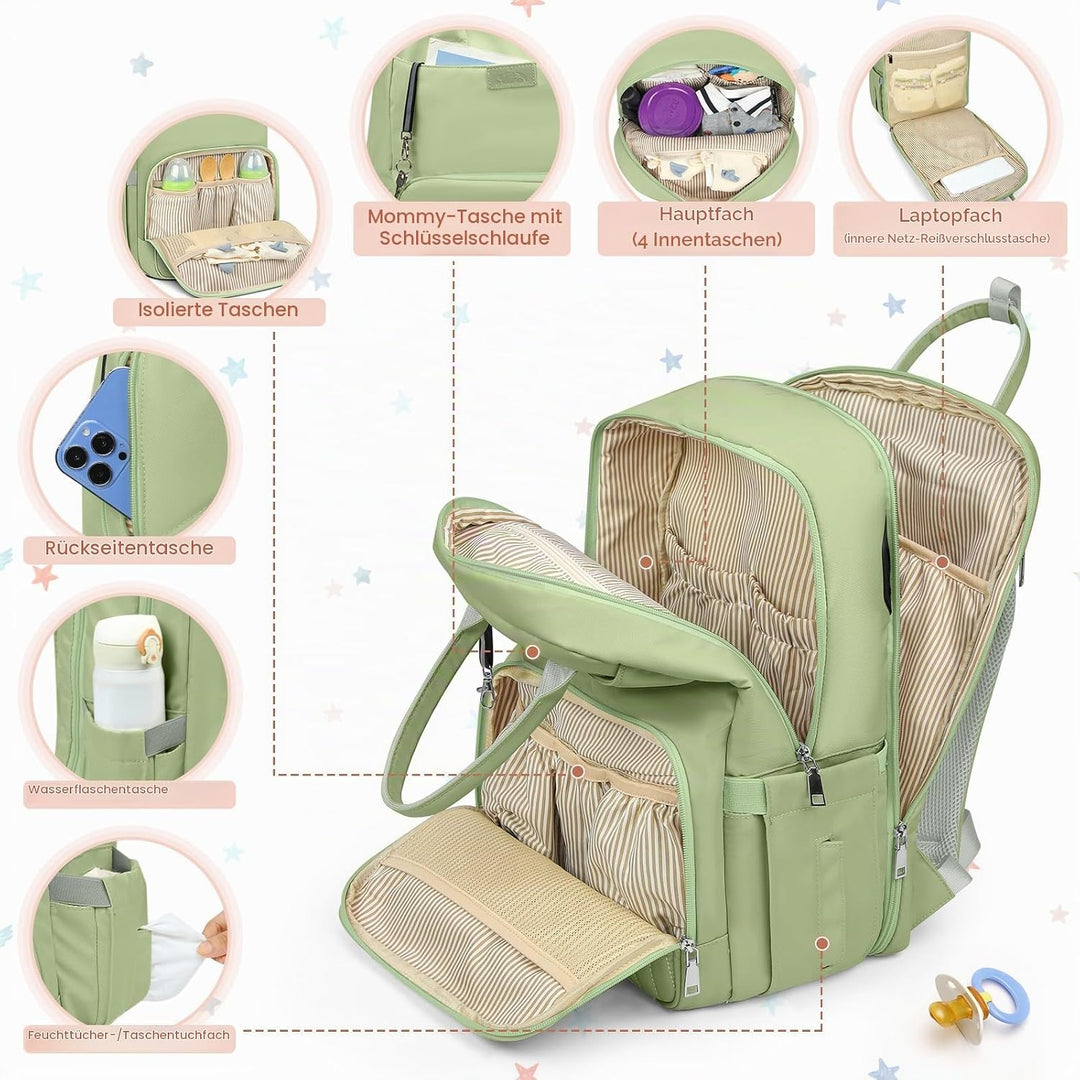 RAINSMORE Baby Wickelrucksack Gross Wickeltasche Rucksack mit Kinderwagengurten und Wickelunterlage
