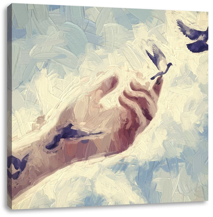 Pixxprint Vögel fliegen in die Freiheit Pinsel Effekt, Format: 70x70 auf Leinwand, 70x70