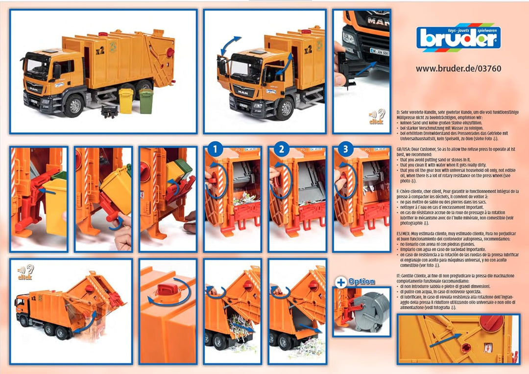bruder 03760 - Man TGS Müll-LKW mit 2 Mülltonnen - 1:16 Fahrzeuge, Müllauto Spielzeug, Müllabfuhr, M
