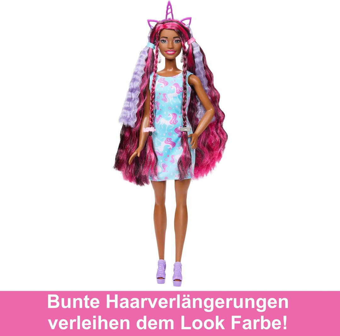 Barbie-Puppe, Fun & Fancy-Haar mit extralangem farbenfrohem schwarzem Haar und schimmerndem rosa Kle