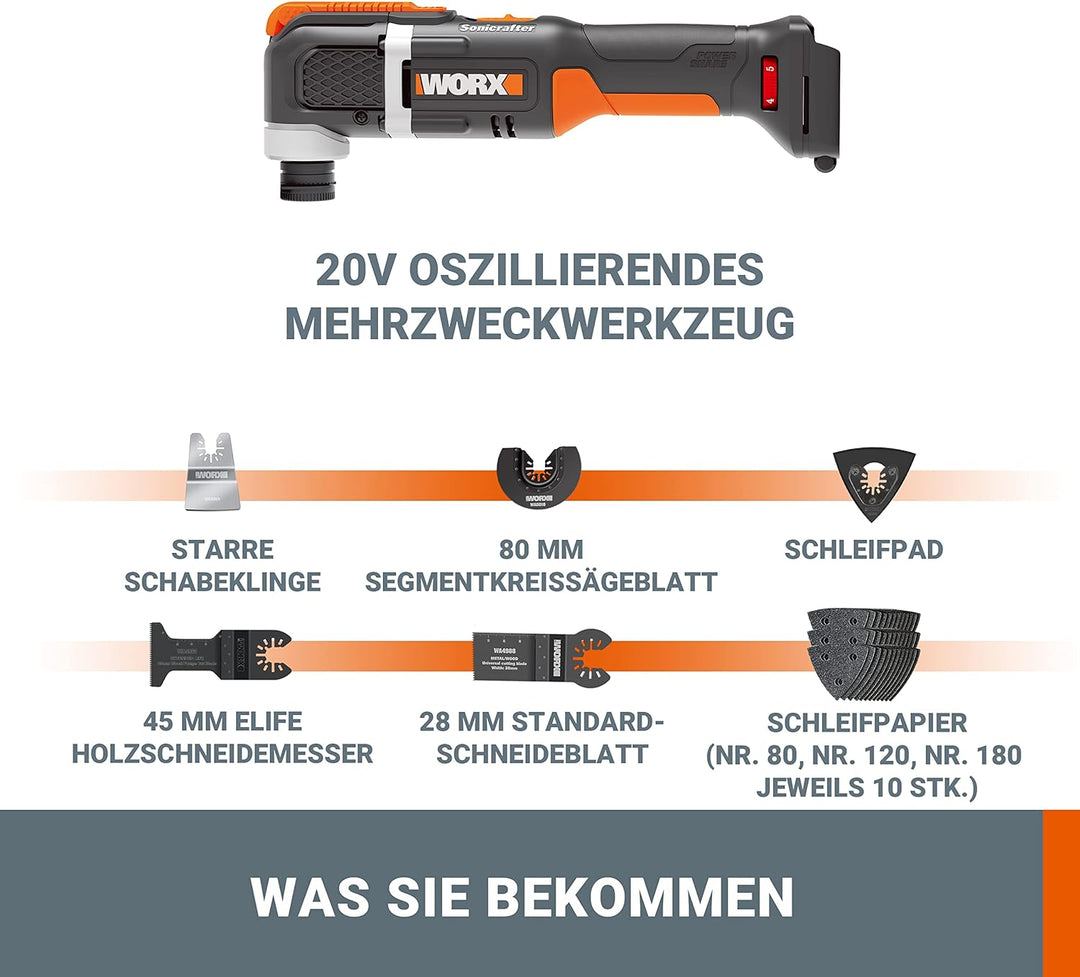 WORX WX696.9 Akku-Multifunktionswerkzeug – Elektrisches 20V Werkzeug zum Schneiden, Sägen, Schleifen