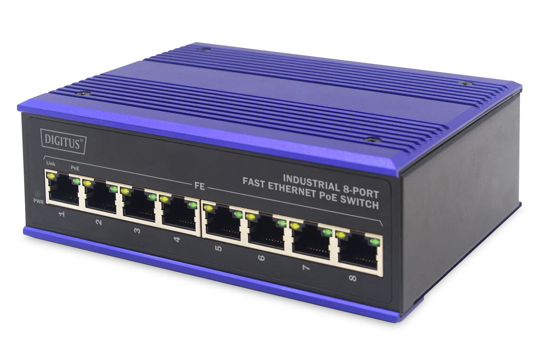 DIGITUS PoE Netzwerk-Switch - 8-Port Fast Ethernet - DIN-Rail Montage - Klemmleiste - Lüfterlos - Sc