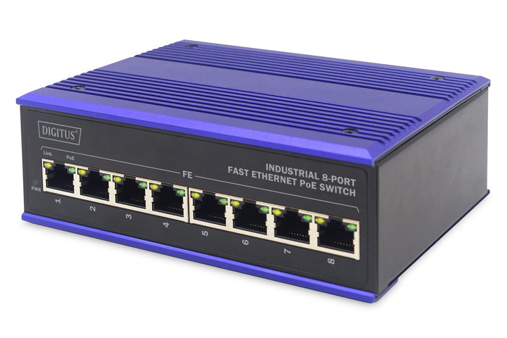 DIGITUS PoE Netzwerk-Switch - 8-Port Fast Ethernet - DIN-Rail Montage - Klemmleiste - Lüfterlos - Sc
