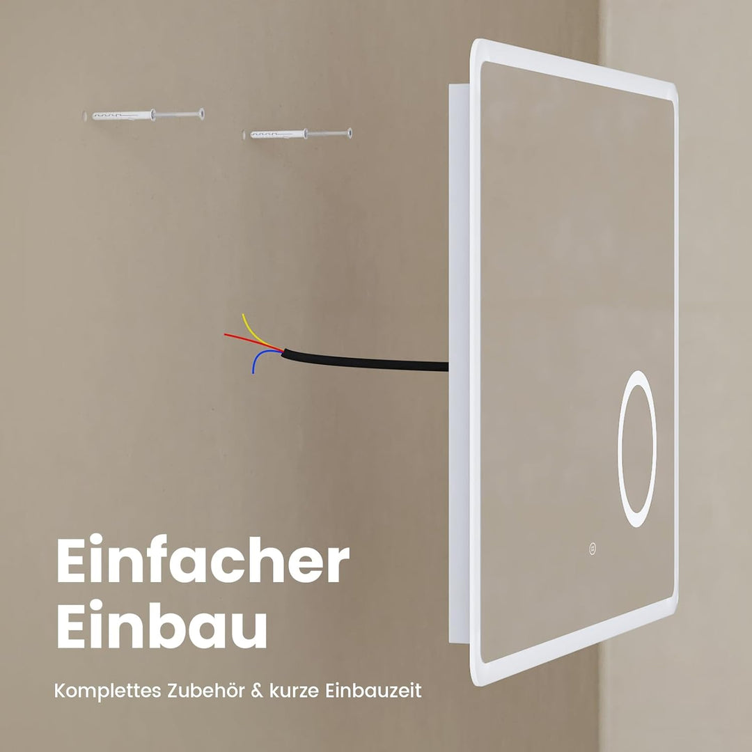 EMKE Badspiegel mit Beleuchtung 80x60cm, Touch, 3 dimmbare Lichtfarben, Beschlagfrei, 3-Fach Kosmeti