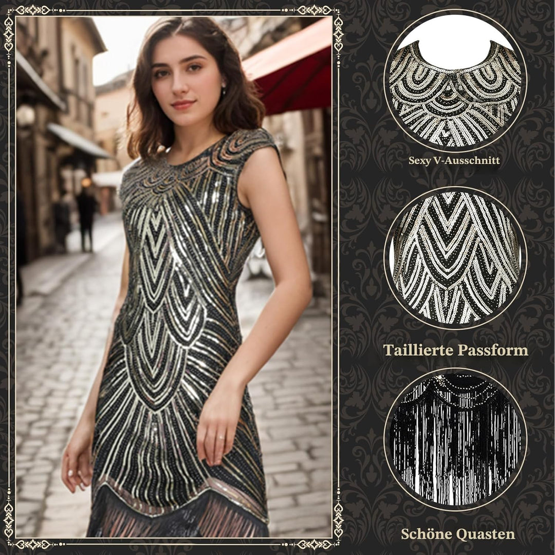 PLULON 1920er-Jahre-Flapperkleid mit Pailletten, Perlen und Fransen, Set mit 20er-Jahre-Accessoires