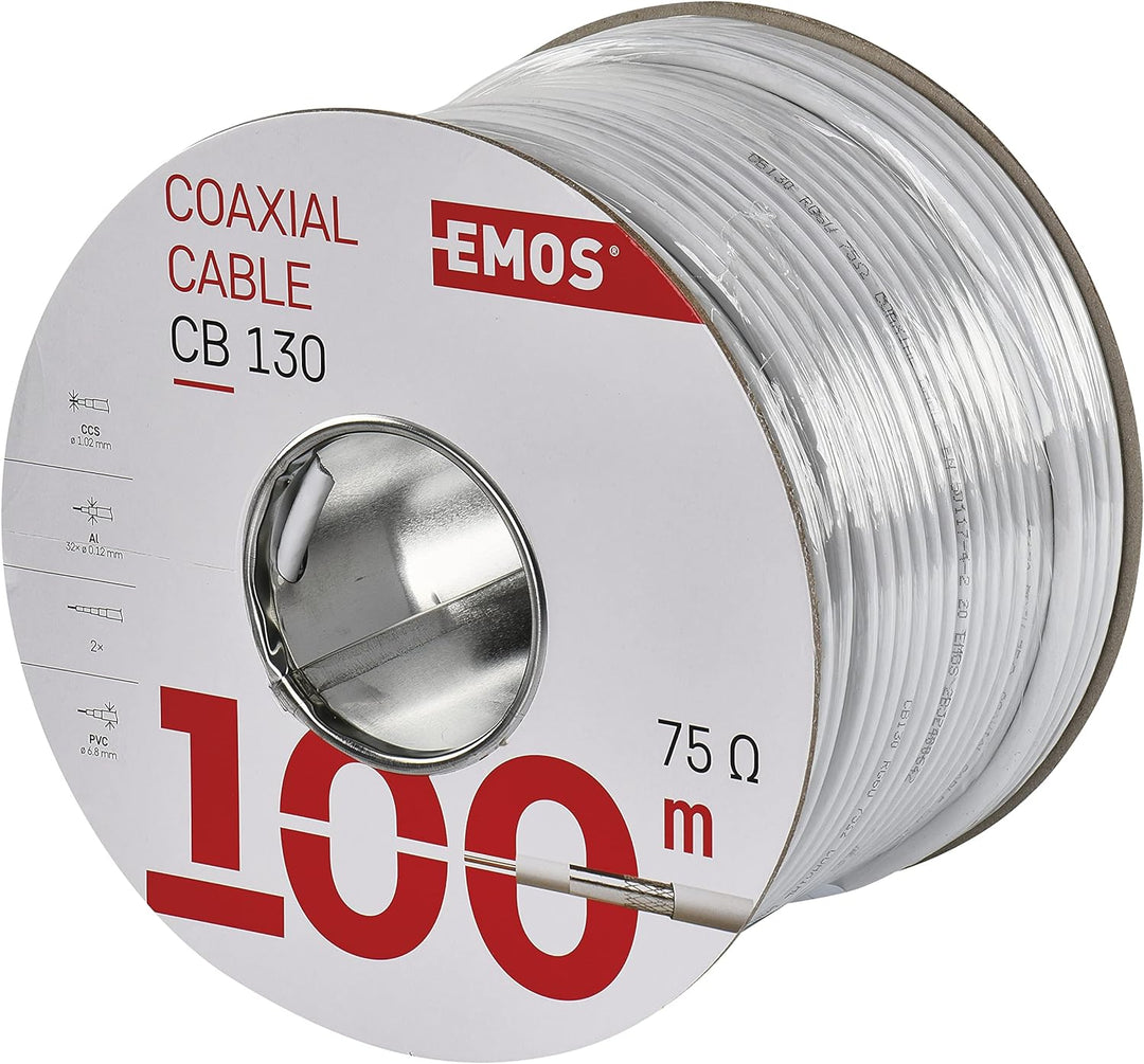 EMOS Antennenkabel 100m weiss, Koaxialkabel für Verkabelung, TV und SAT, Typ CB130, Fernsehkabel mit