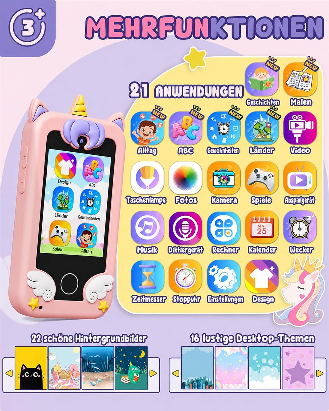 UCIDCI Kinder-Smartphone-Spielzeug für Mädchen im Alter von 3–7 Jahren mit Dual-Kamera – Kleinkind-H