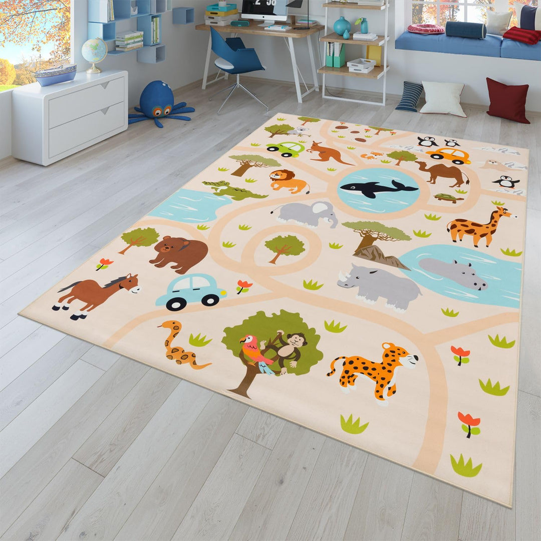 TT Home Kinderteppich Babyzimmer Teppich Kinderzimmer rutschfest Tiere Weltkarte Autos, Farbe:Grün G