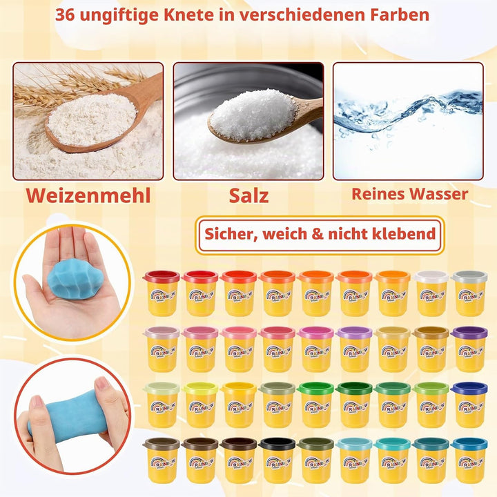 36er Pack Knete Set für Kinder, Kinderknete, Knetmasse für Fantasievolles und Kreatives Spielen, Kne