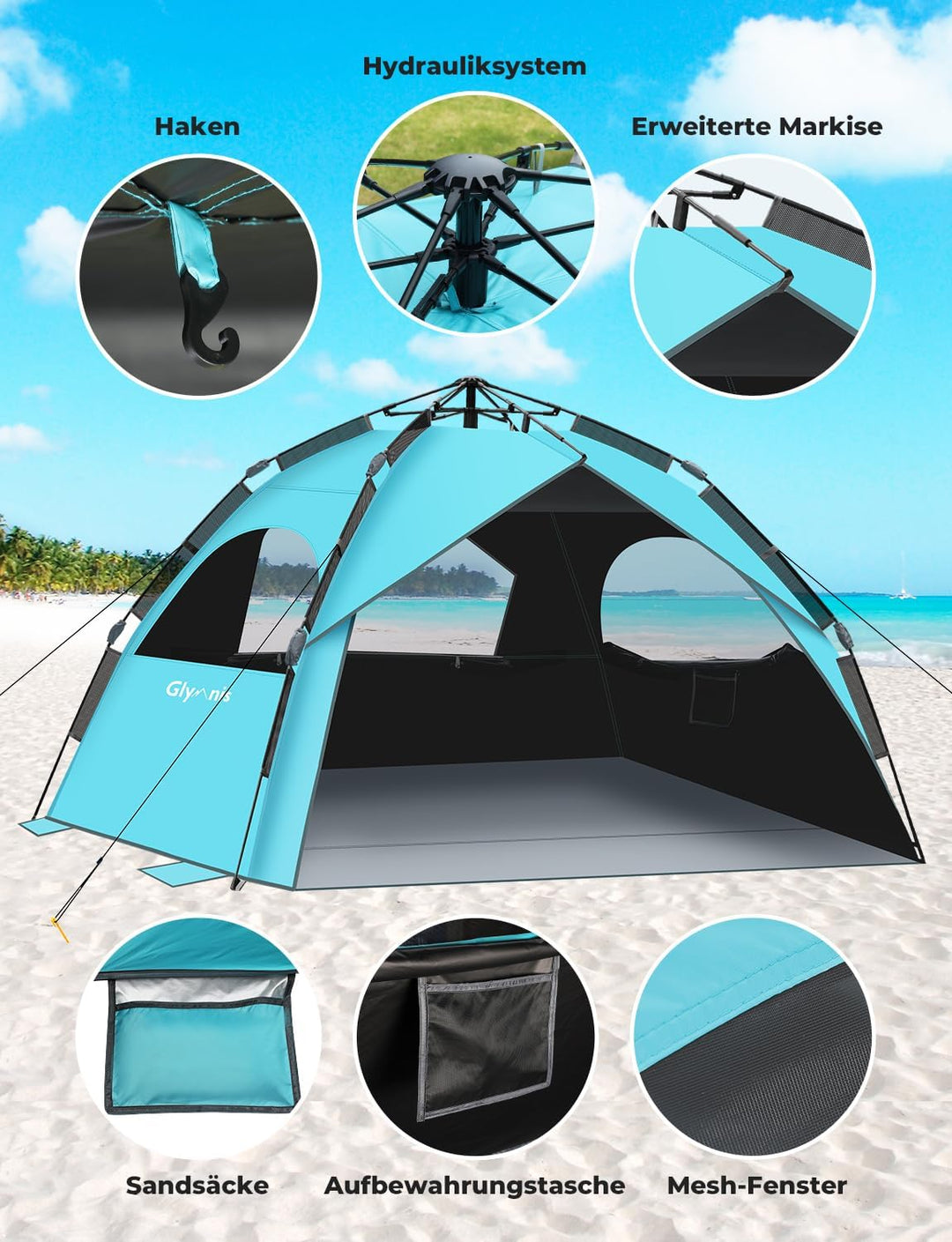 Glymnis Strandmuschel Quick Up Strandzelt Automatisches Strand Zelt UV-Schutz 50+ Windschutz kleines