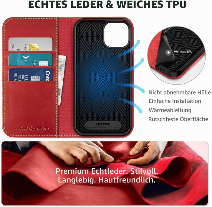 SHIELDON Hülle für iPhone 14 Lederhülle [Echtleder] [Lifetime Garantie] [RFID-Sperre] [Kartenfach] [