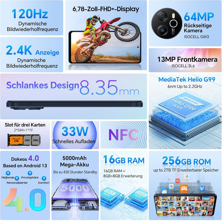 Blackview Shark 8 Handy 16GB+256GB, Helio G99, 120Hz 2.4K, 64MP, Smartphone ohne vertrag, 6.78" FHD+