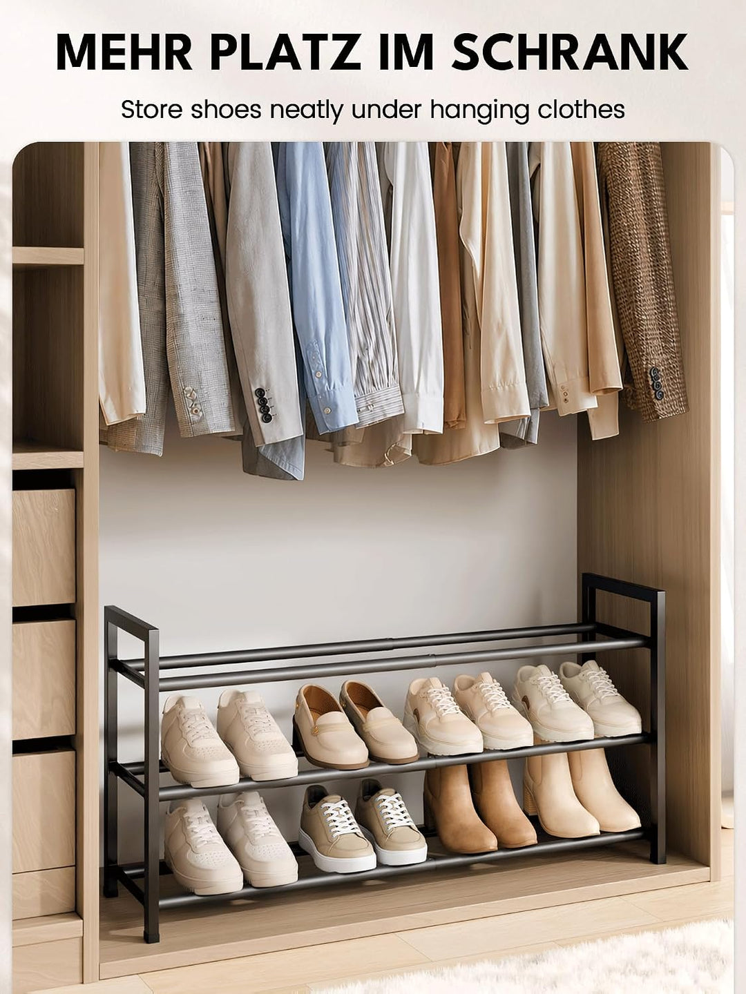 Bumusty Schuhregal 3 Etagen Ausziehbar, 45 bis 83 cm Verstellbar Metall Schuhablage, für kleine Räum