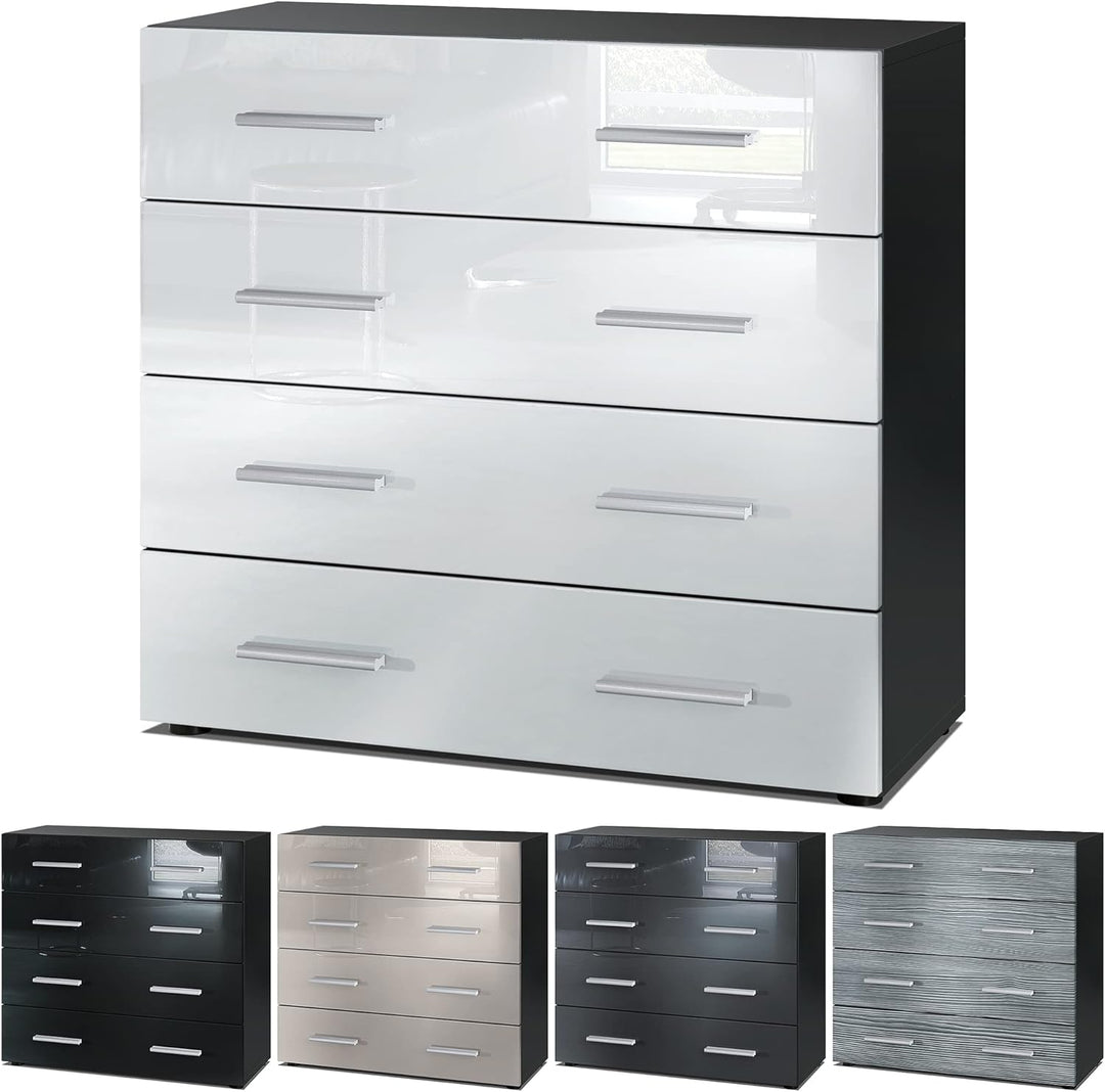 Vladon Sideboard Pavos, Kommode mit 4 Schubladen, Schwarz matt/Eiche sägerau (76 x 72 x 35 cm) L76cm