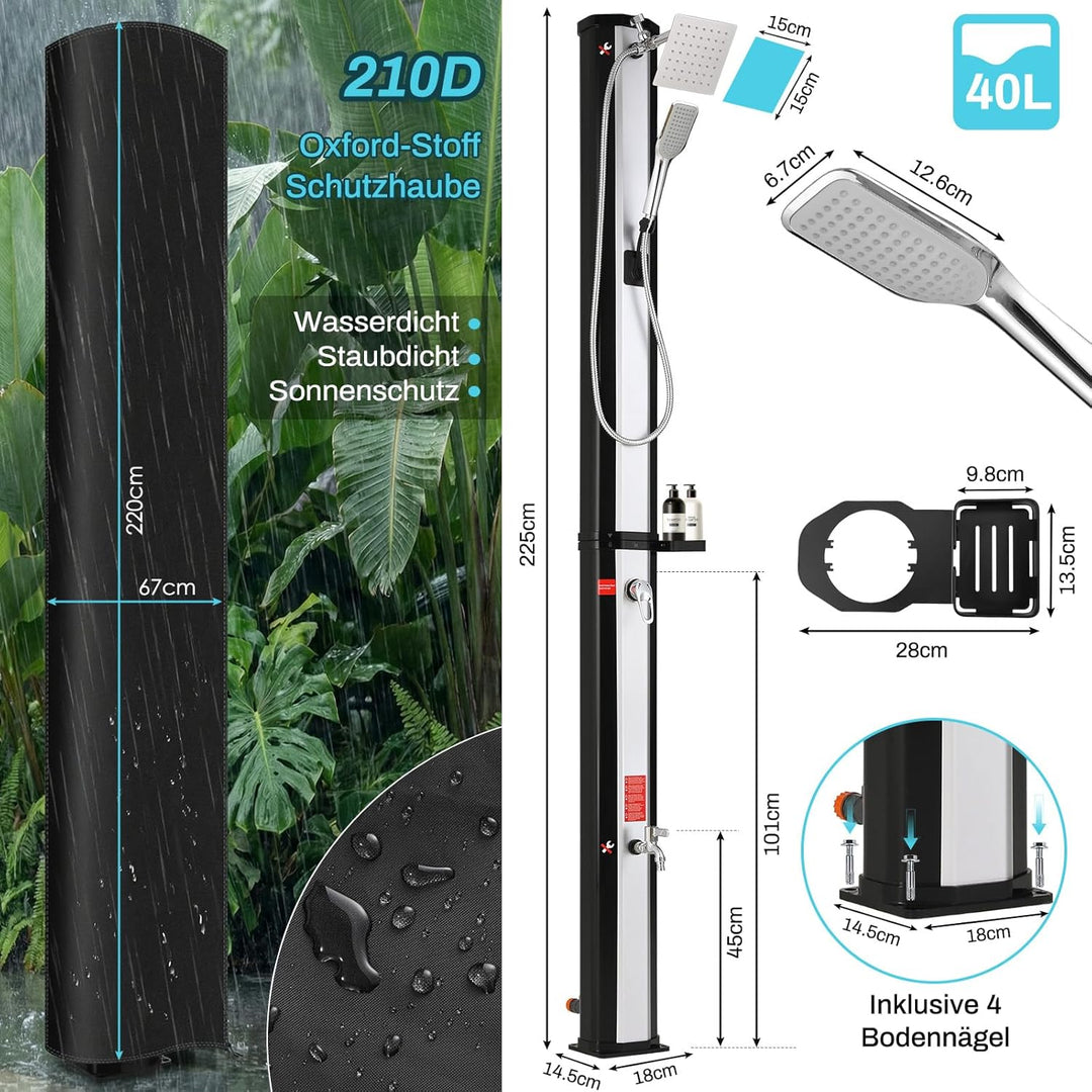 Solardusche, Solar Gartendusche 40 Liter inkl. Handbrause, 360° Duschkopf, Fussdusche, Gartenschlauc