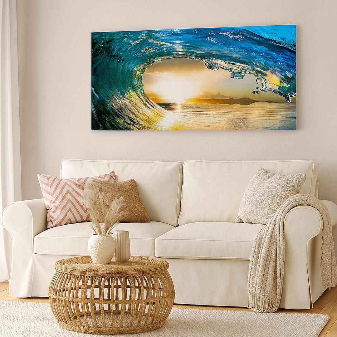 Wandbilder Dekoration Wohnzimmer Ozean Welle Sonne Klima Panorama Bilder auf Leinwand 120x50cm Leinw