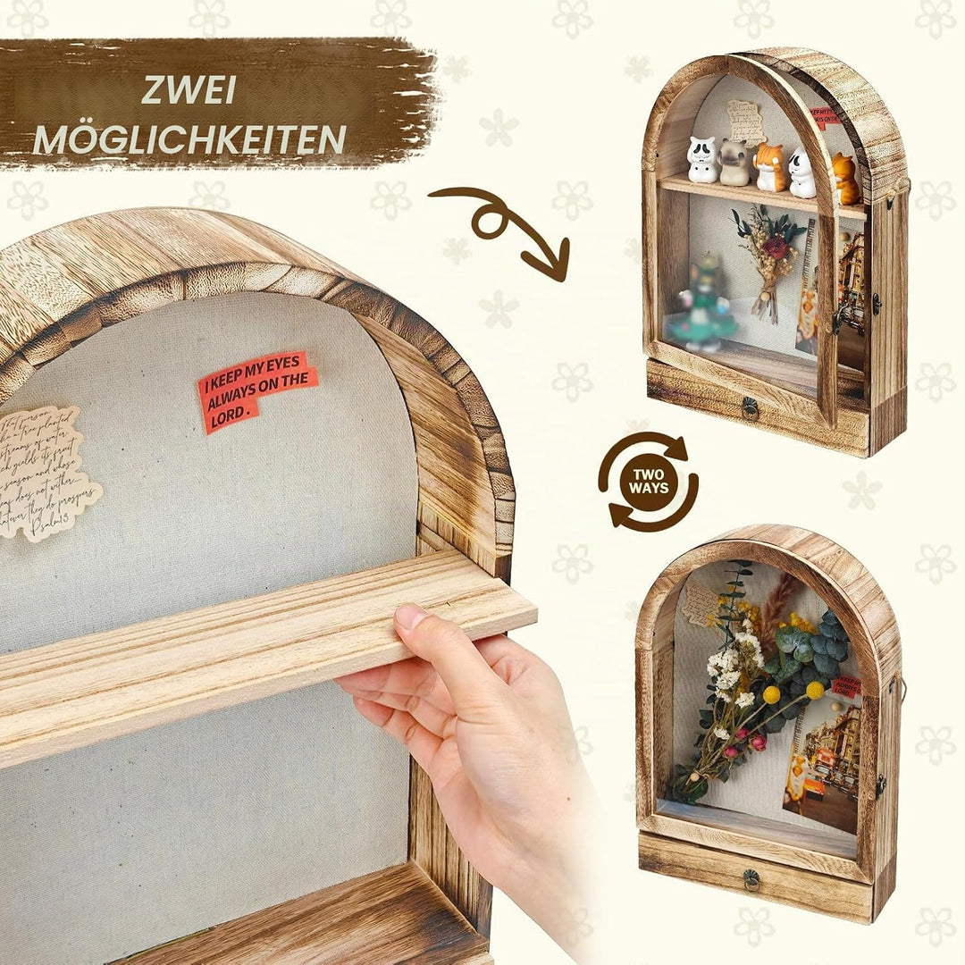28 x 40 cm Schattenkasten mit Schubladen und abnehmbaren Regalen, Archbraun Holz-Nostalgiekasten für