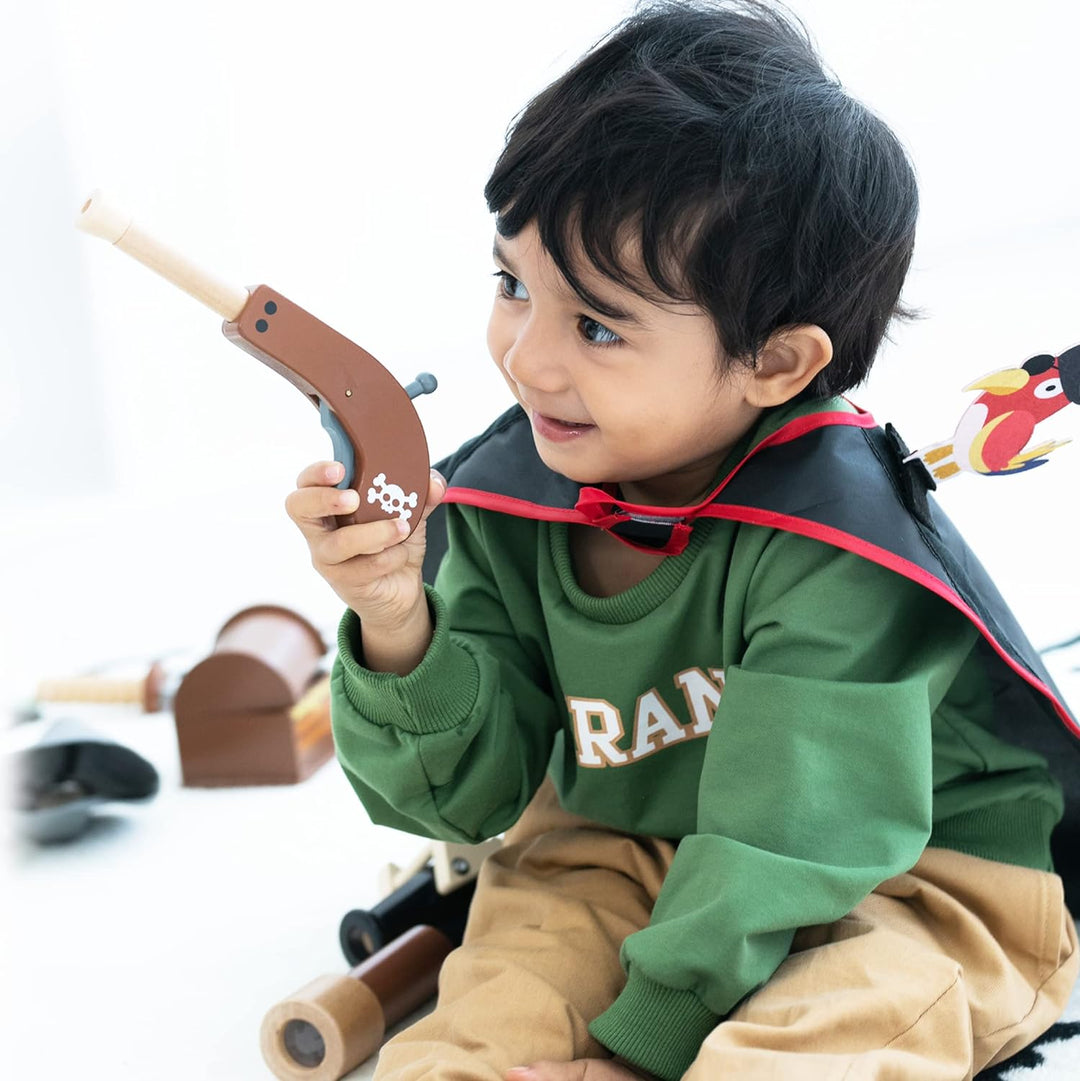 UMU® Kinder Holz Piraten Spielset mit Piratenkostüm inkl. Piratenumhang, Augenklappe, Papagei, Schat