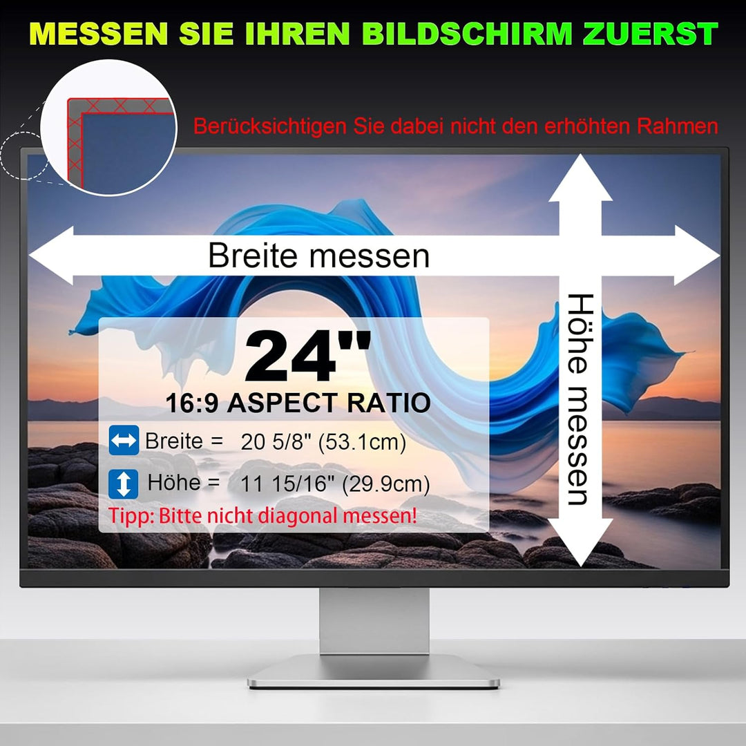 ruord Sichtschutzfolie für 24 Zoll 16:9 (53.1x29.9cm) Monitor - Blaulichtfilter & Blendschutz, Abneh