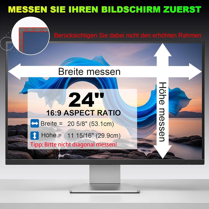 ruord Sichtschutzfolie für 24 Zoll 16:9 (53.1x29.9cm) Monitor - Blaulichtfilter & Blendschutz, Abneh