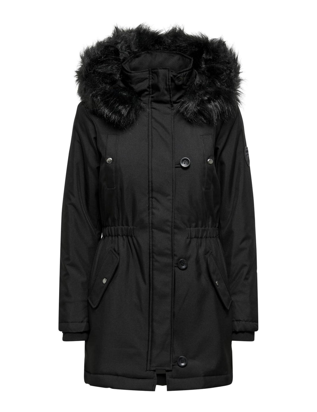 ONLY female Langer Parka Kapuze mit abnehmbarem Kunstfell-Rand Gerippte Ärmelbündchen Parka L Black
