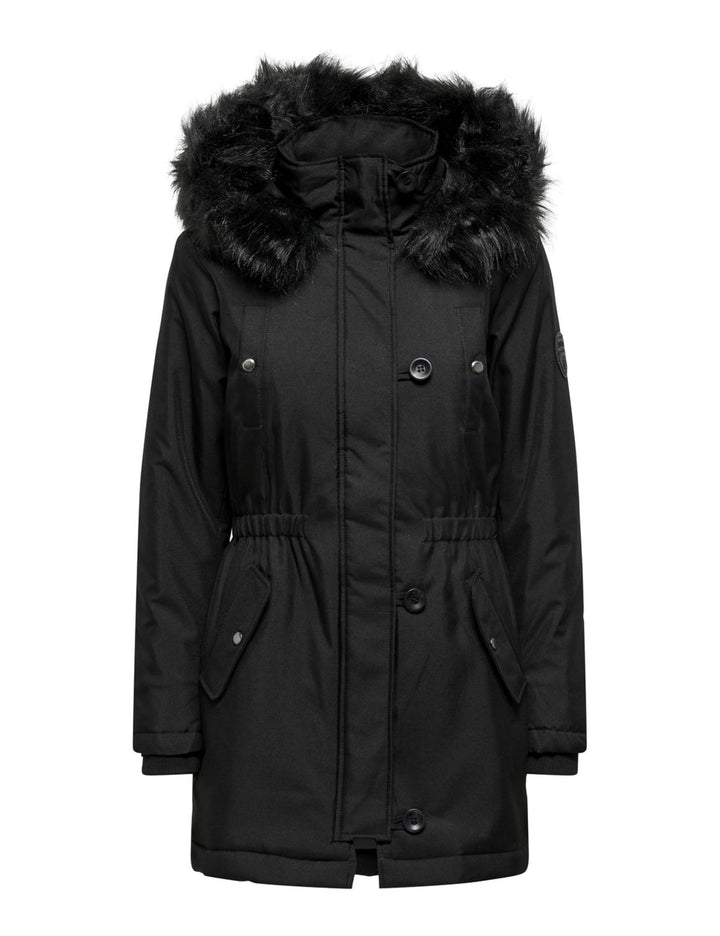 ONLY female Langer Parka Kapuze mit abnehmbarem Kunstfell-Rand Gerippte Ärmelbündchen Parka L Black