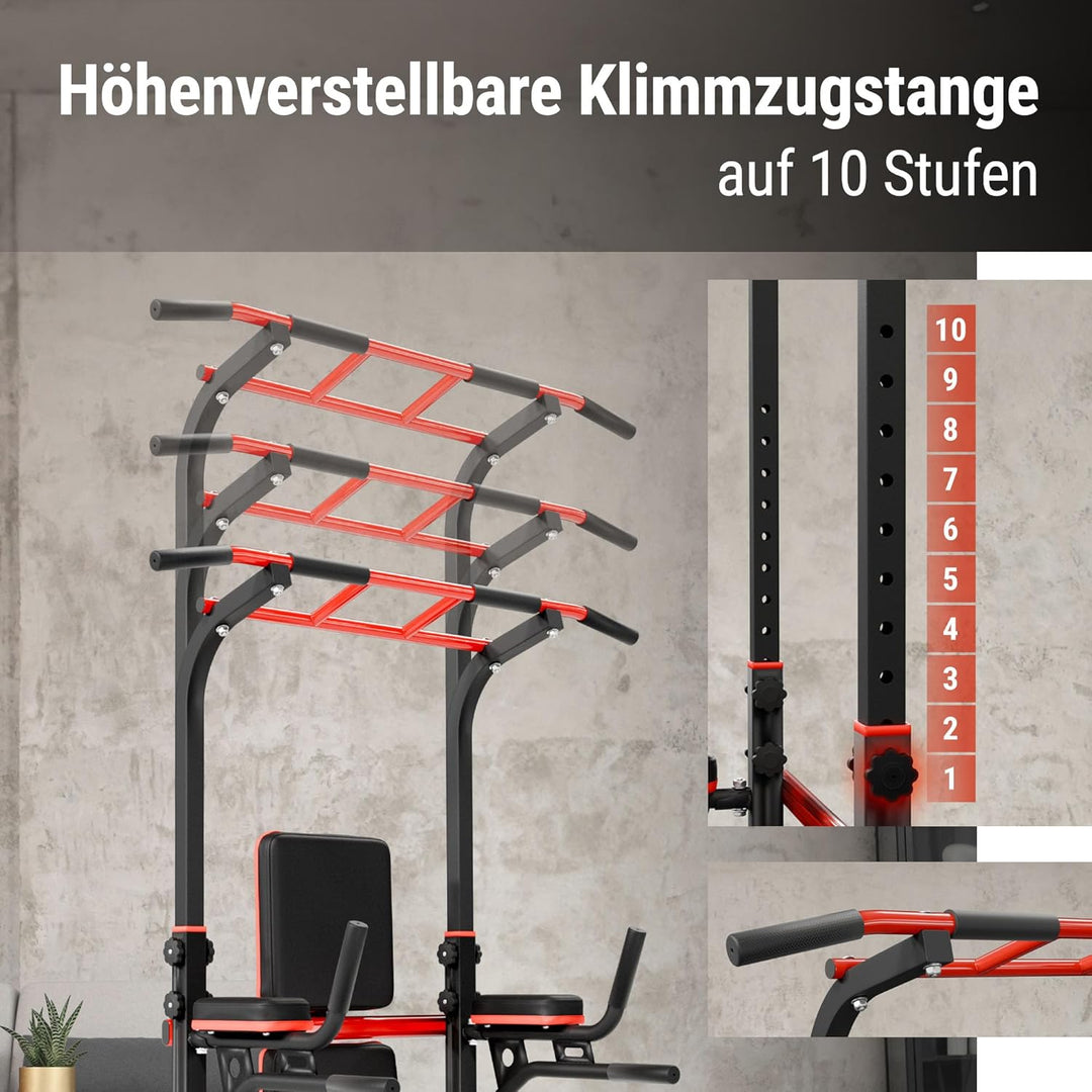 Hop-Sport Power Tower mit Klimmzugstange, Hantelbank &amp; Dip-Station, Fitnessgerät für Zuhause, Calist